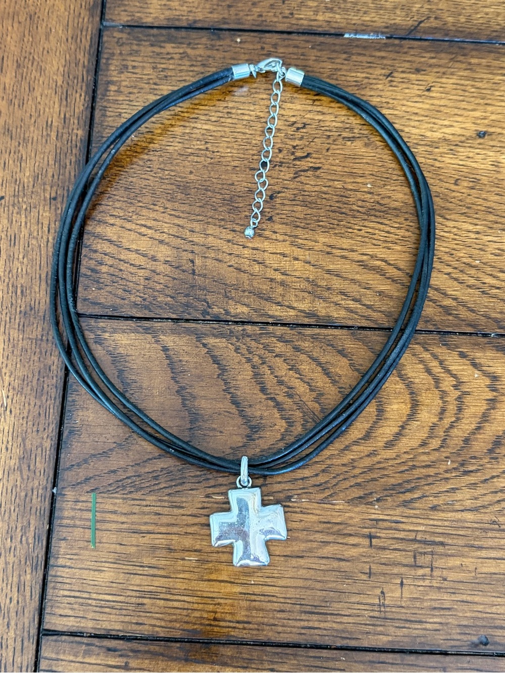 Black Leather Multi-Strand Choker with Silver Cross Pendant